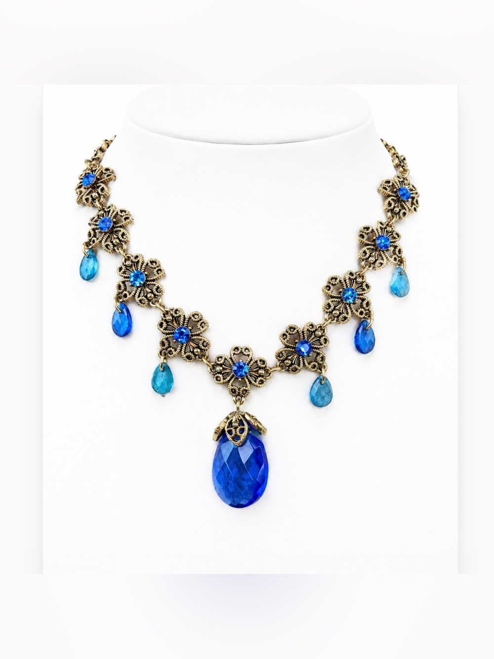Avon Collier Briolette Multicolore Blue Rhinestone Scroll Gold Necklace Vintage - Picture 7 of 10
